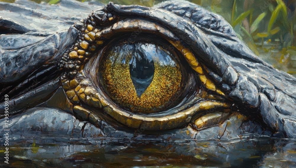 Close-up of Alligator Eye in Water with Reflections of Nature Captured in Detail Highlighting Texture and Colors of Reptile Skin and Surrounding Environment Close-up of Alligator Eye in Water with Reflections of Nature Captured in Detail Highlighting Texture and Colors of Reptile Skin and Surrounding Environment
