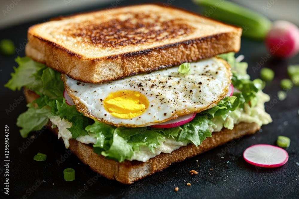 Close-up of a delicious sandwich with an egg fried over easy, avocado slices, lettuce, tomato and topped with spices. Close-up of a delicious sandwich with an egg fried over easy, avocado slices, lettuce, tomato and topped with spices.