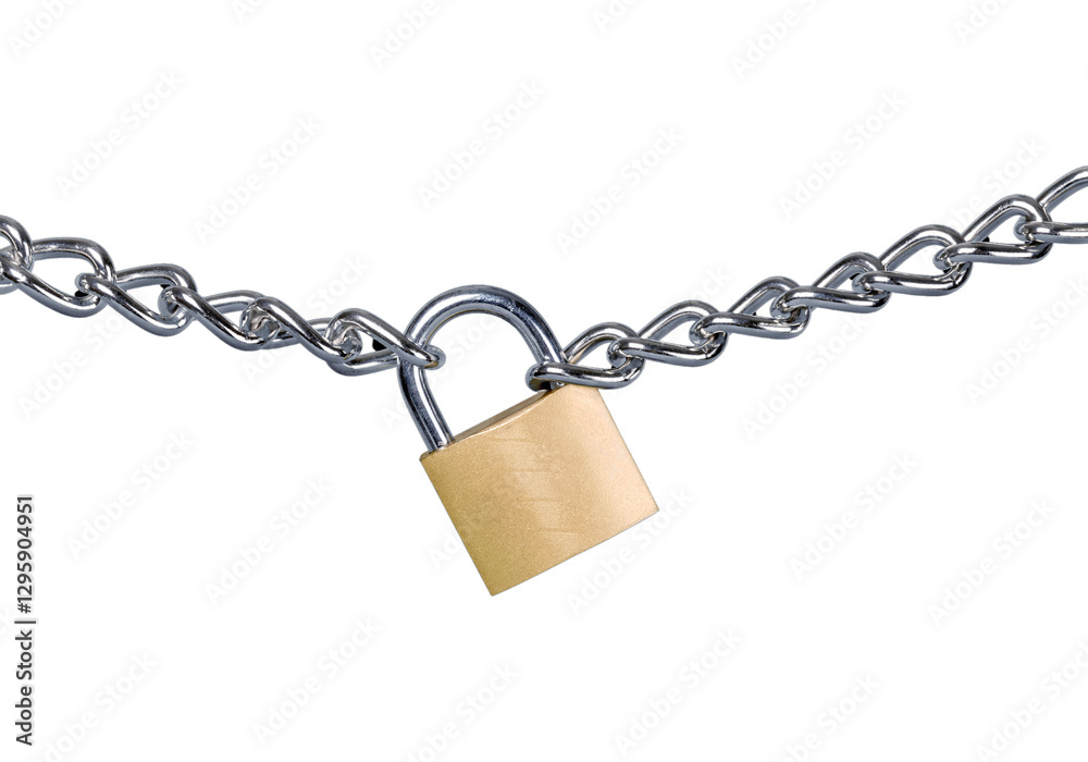 Metal chain, brass padlock, security, locked, closeup, shiny, silver links, golden lock, protection, restraint, isolated on white background, detailed, realistic, studio lighting, high contrast, Metal chain, brass padlock, security, locked, closeup, shiny, silver links, golden lock, protection, restraint, isolated on white background, detailed, realistic, studio lighting, high contrast,