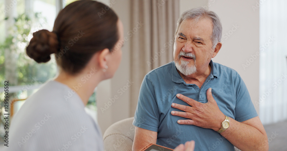 Obraz premium Nurse, senior and man with chest pain, communication for advice or healthcare and crisis in retirement home for care. Caregiver, mature male person and consulting for symptoms of pneumonia infection