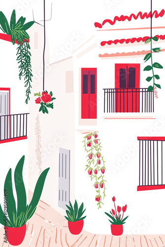 Vector illustration of a sunny Andalusian street in Seville, Spain, with white houses, colorful tiles, and hanging flowers, simple, hand painted