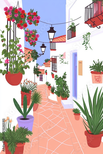 Vector illustration of a sunny Andalusian street in Seville, Spain, with white houses, colorful tiles, and hanging flowers, simple, hand painted