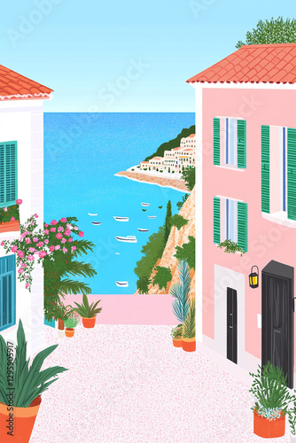 Vector illustration of a sunlit street in Nice, France, with pastel buildings and a view of the sea, simple, hand painted, bold colors