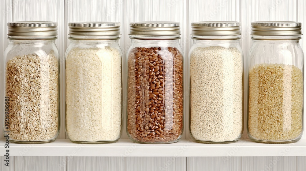 Assorted Grains and Seeds in Glass Jars on a Wooden Shelf Assorted Grains and Seeds in Glass Jars on a Wooden Shelf