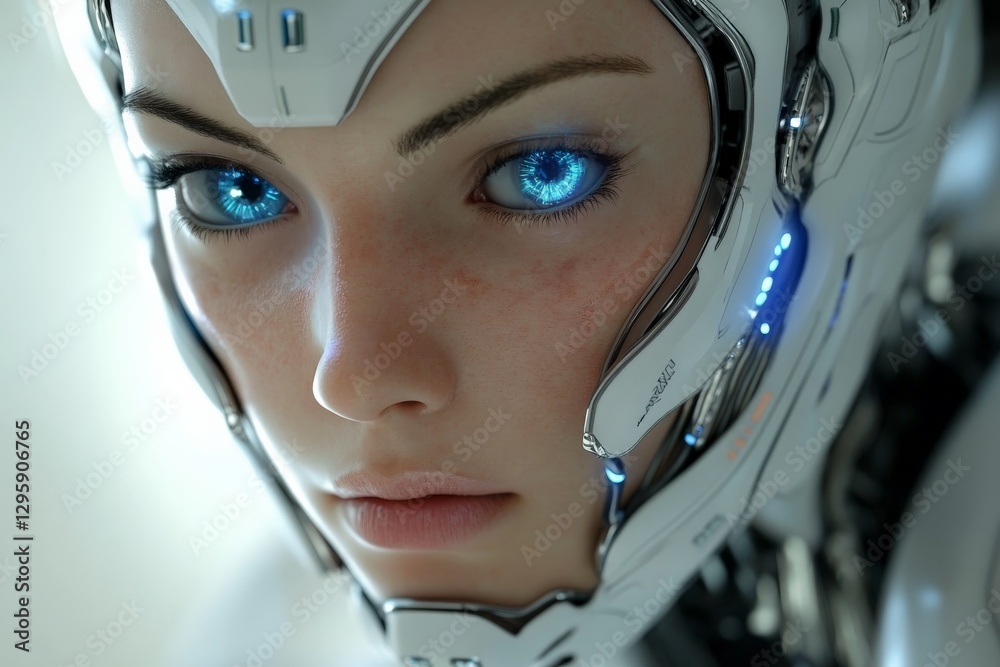 Futuristic humanoid robot with luminous blue eyes explores advanced technology in a sleek, high-tech environment Futuristic humanoid robot with luminous blue eyes explores advanced technology in a sleek, high-tech environment
