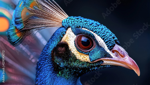 Vibrant peacock displaying stunning blue and green feathers with intricate details. Its striking eye and elegant features captivate viewer