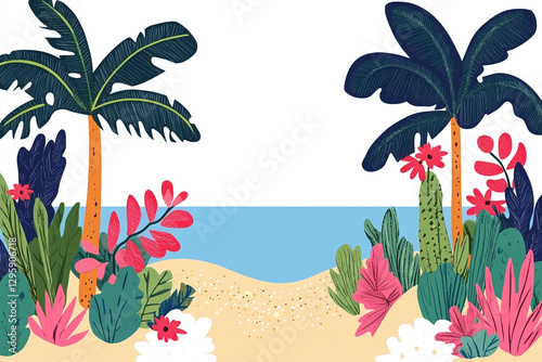 Vector illustration of a tropical beach with palm trees and soft ocean waves, simple, hand painted, bold colors
