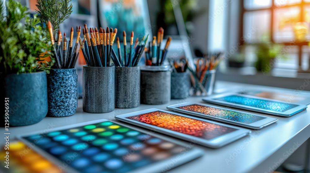 Creative workspace with art tools and digital tablets Creative workspace with art tools and digital tablets