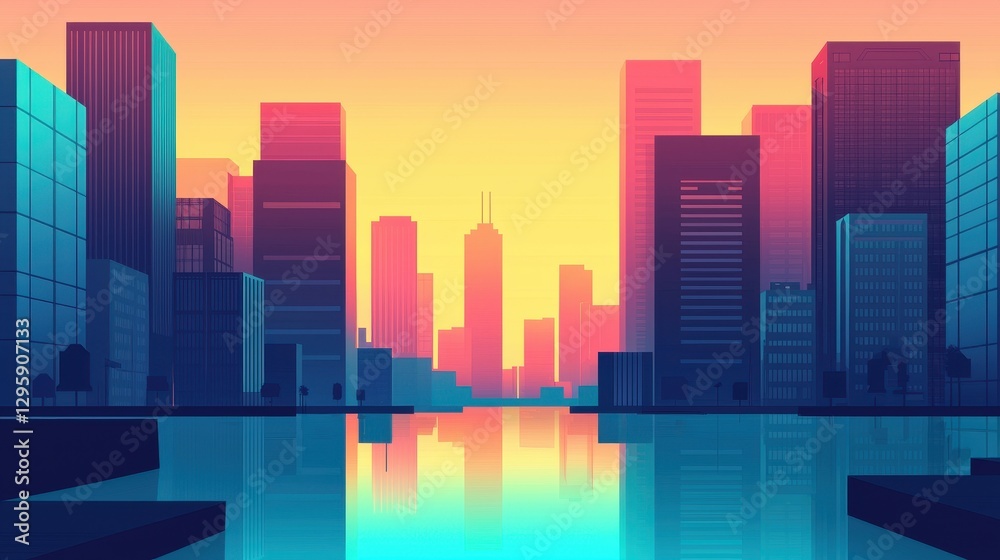 Fototapeta premium Vibrant City Skyline at Dusk with Reflection on Calm Water