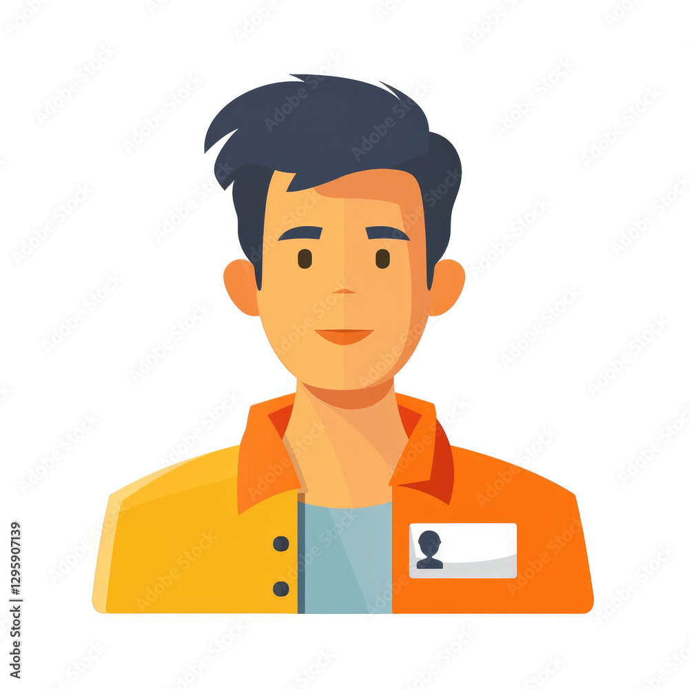 A young man in a bright orange shirt with a name tag, portraying a friendly demeanor. A young man in a bright orange shirt with a name tag, portraying a friendly demeanor.