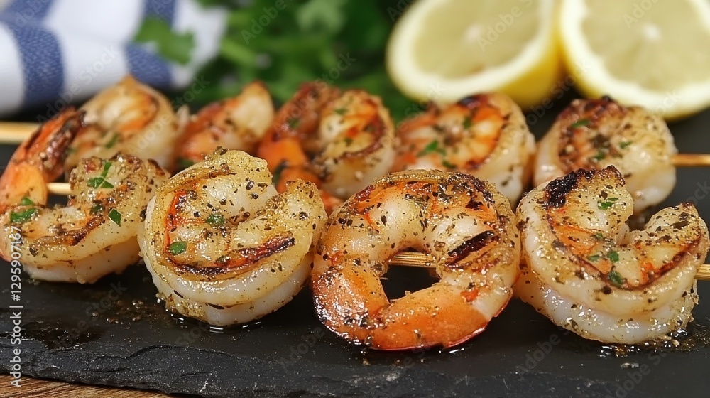 Grilled Shrimp Skewers with Lemon Garnish on Slate Serving Board Over Fresh Herbs and Rustic Wooden Background Grilled Shrimp Skewers with Lemon Garnish on Slate Serving Board Over Fresh Herbs and Rustic Wooden Background