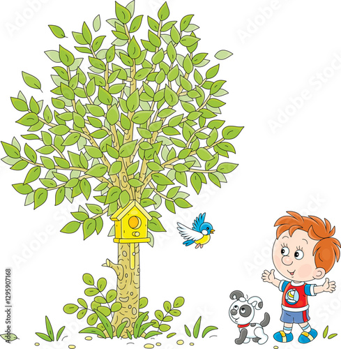 Happy little boy with his funny puppy fastened a wooden homemade birdhouse for a small bird to a green tree in a spring park, vector cartoon illustration on a white background