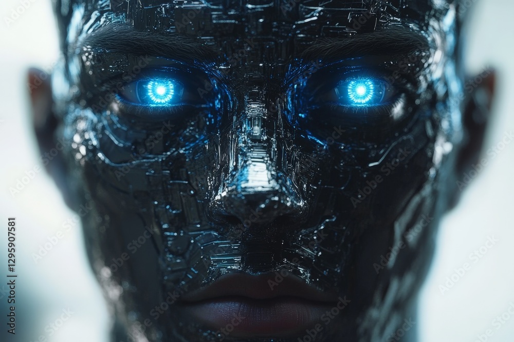 Close-up of a futuristic humanoid robot head featuring glowing blue eyes and intricate metallic details in a sci-fi environment Close-up of a futuristic humanoid robot head featuring glowing blue eyes and intricate metallic details in a sci-fi environment