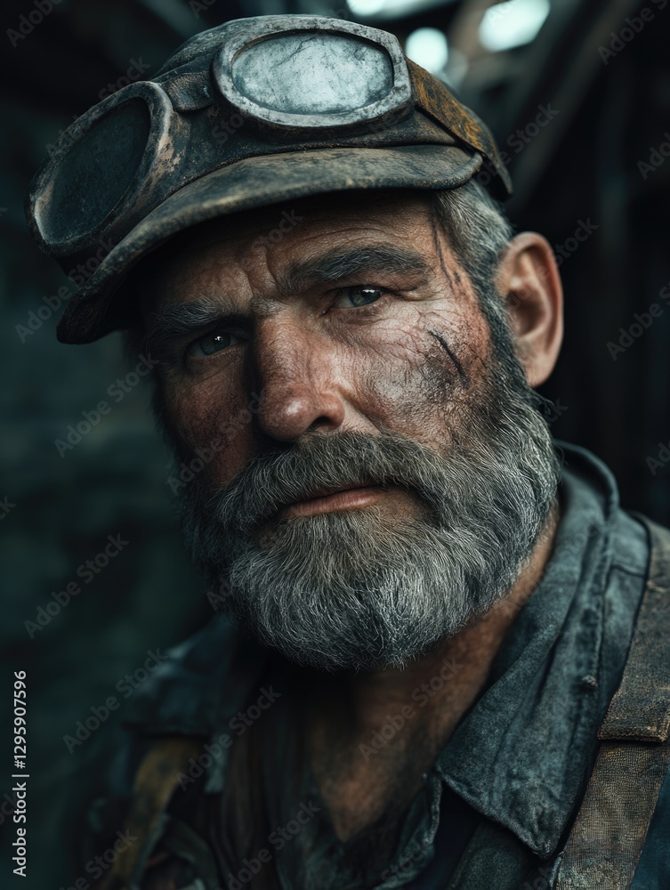 Male coal miner with beard, hard hat, work attire, goggles in a dirty environment. Male coal miner with beard, hard hat, work attire, goggles in a dirty environment.
