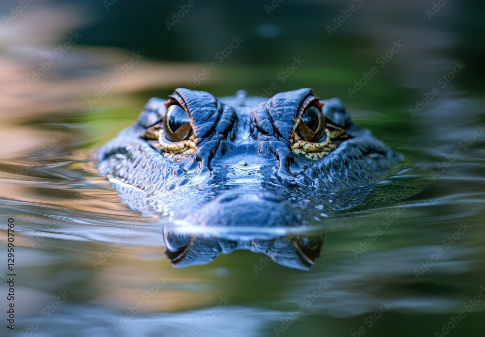 Fototapeta premium Close-Up of Alligator Head Emerging from Water with Reflection in Calm Surface, Capturing Intricate Details and Natural Habitat Environment