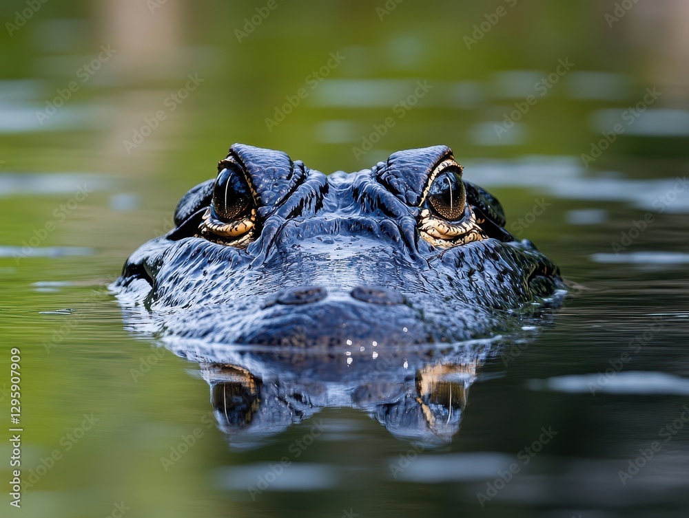 Obraz premium Close-Up of Alligator Head Emerging From Water with Reflection in Calm Water Surface, Highlighting Intricate Details and Serene Environment in Nature