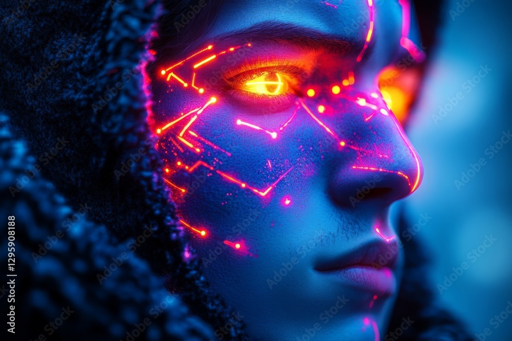 Young person with glowing circuitry patterns on face in a futuristic, cyberpunk-inspired setting at twilight Young person with glowing circuitry patterns on face in a futuristic, cyberpunk-inspired setting at twilight
