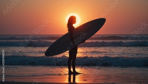 Silhouette of a Surfer Holding a Surfboard at Sunset on a Beach with Vibrant Orange and Purple Sky Reflections on the Ocean Waves