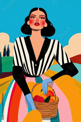 Vector illustration of a woman wearing a striped summer dress with a basket of peaches, simple, hand painted, bold colors