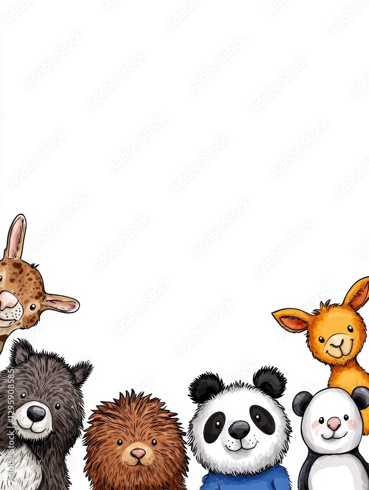 Fototapeta premium Cute animal characters group portrait white background digital illustration playful environment front view fun concept