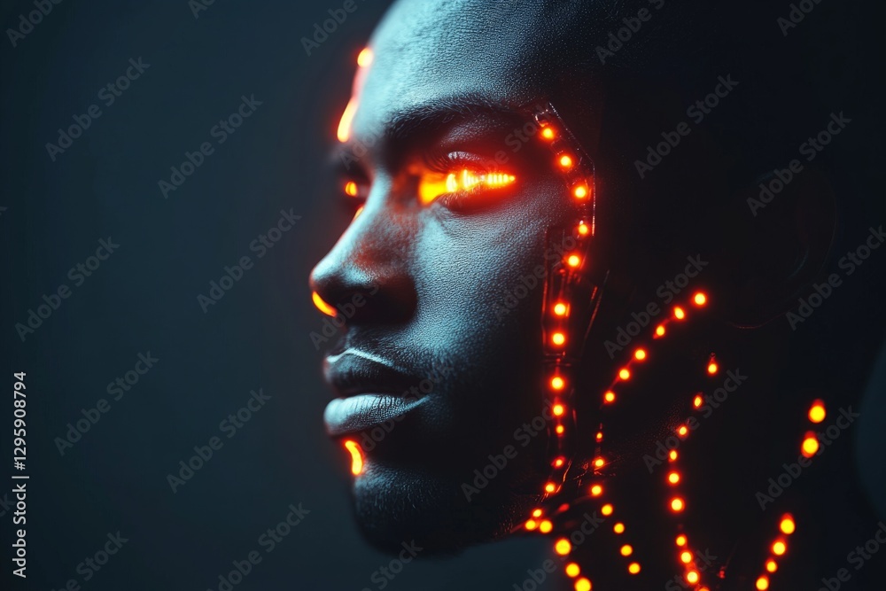 Man with glowing circuit patterns on face and neck in dark background explores technology and identity with futuristic art Man with glowing circuit patterns on face and neck in dark background explores technology and identity with futuristic art