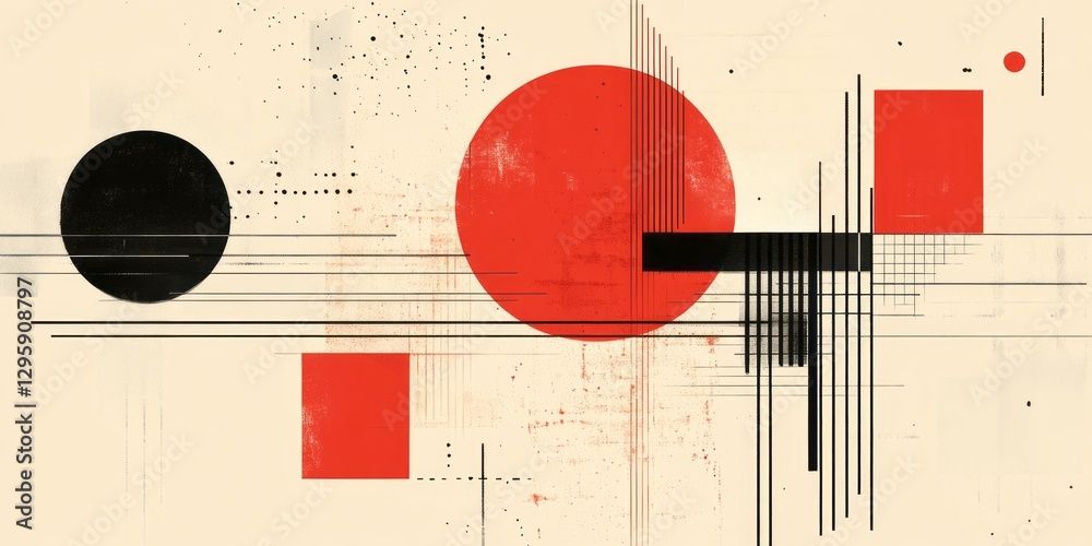 Obraz premium Abstract geometric composition featuring circles squares and linear elements