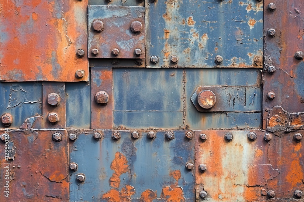 Rusty metal plates, bolted, textured wall, outdoors, industrial background Rusty metal plates, bolted, textured wall, outdoors, industrial background