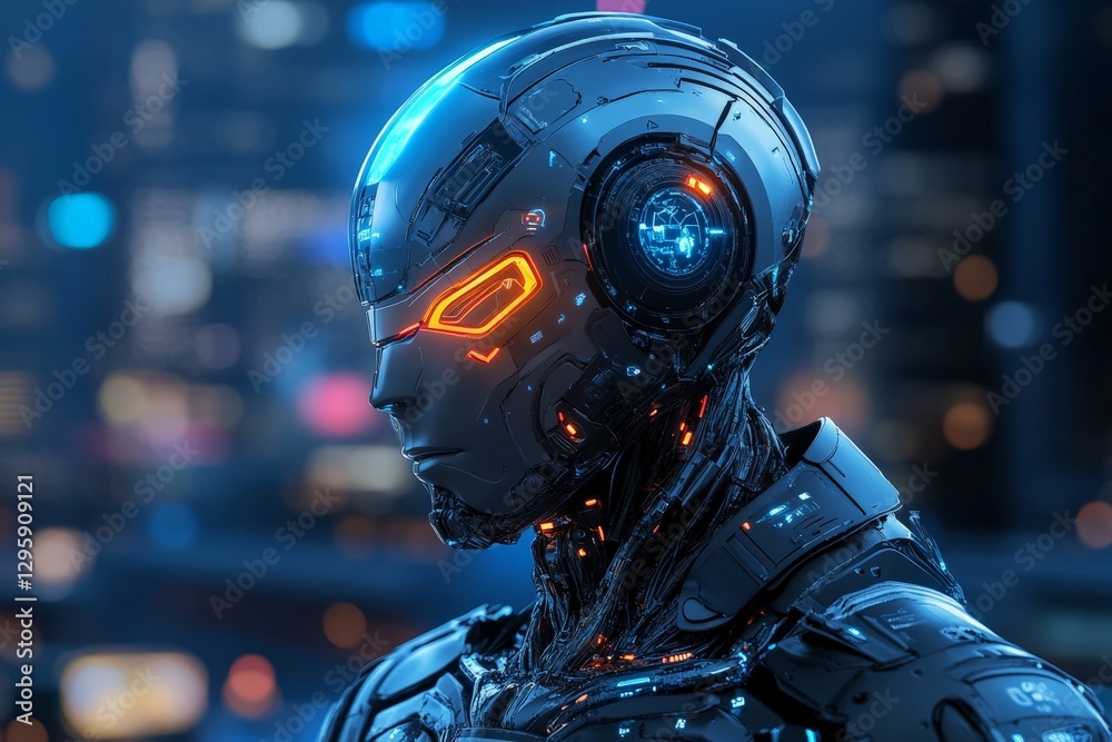 Futuristic humanoid robot with glowing features stands against a city skyline at night Futuristic humanoid robot with glowing features stands against a city skyline at night