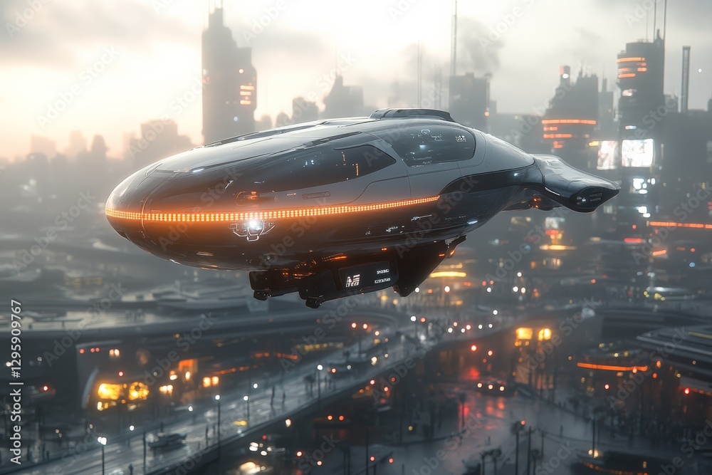 Naklejka premium Futuristic flying vehicle soaring above a neon-lit cityscape during rainy twilight conditions