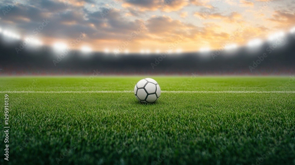 Obraz premium Soccer Ball on Green Field with Stadium Lights and Sunset Sky