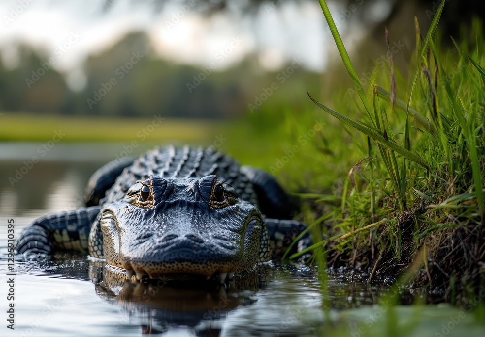 Obraz premium Close-Up of Alligator in Natural Habitat with Lush Greenery and Reflections in Water, Capturing Wildlife Serenity and Predatory Grace in the Wild