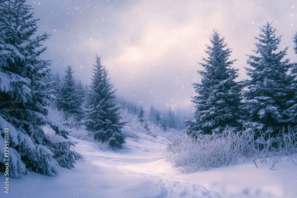 Serene winter landscape, snow-covered pine trees, gentle snowfall, soft moonlight, misty atmosphere Serene winter landscape, snow-covered pine trees, gentle snowfall, soft moonlight, misty atmosphere