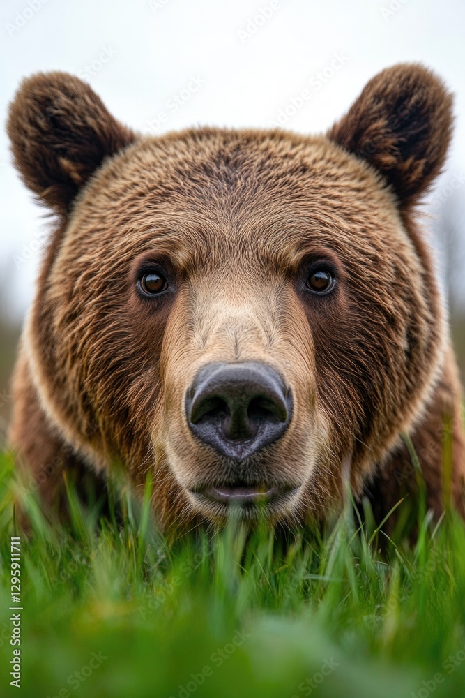A brown bear looking directly at camera with a slight expression of curiosity. A brown bear looking directly at camera with a slight expression of curiosity.