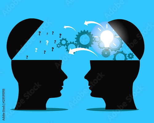 Valokuva Knowledge or ideas sharing between two people head, transferring knowledge, inno