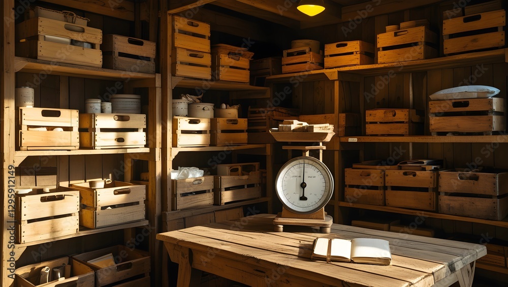 Rustic Wooden Storage Room with Warm Lighting Rustic Wooden Storage Room with Warm Lighting