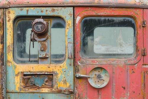Rusty train doors, weathered exterior, depot background, industrial texture