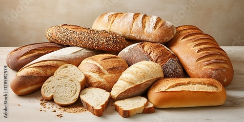 種類豊富な焼きたてパンの盛り合わせ、クラストが香ばしい食卓パン | Assorted Freshly Baked Bread with Crispy Crust