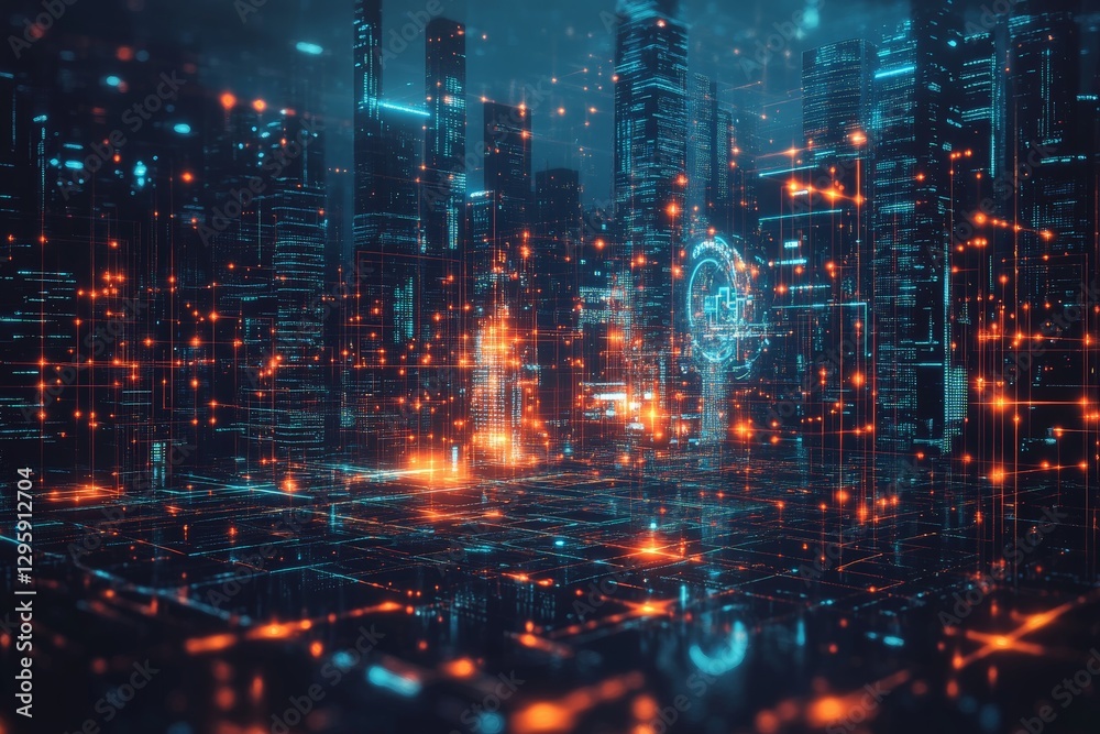 Naklejka premium Futuristic cityscape illuminated by glowing technology and vibrant digital signals at night