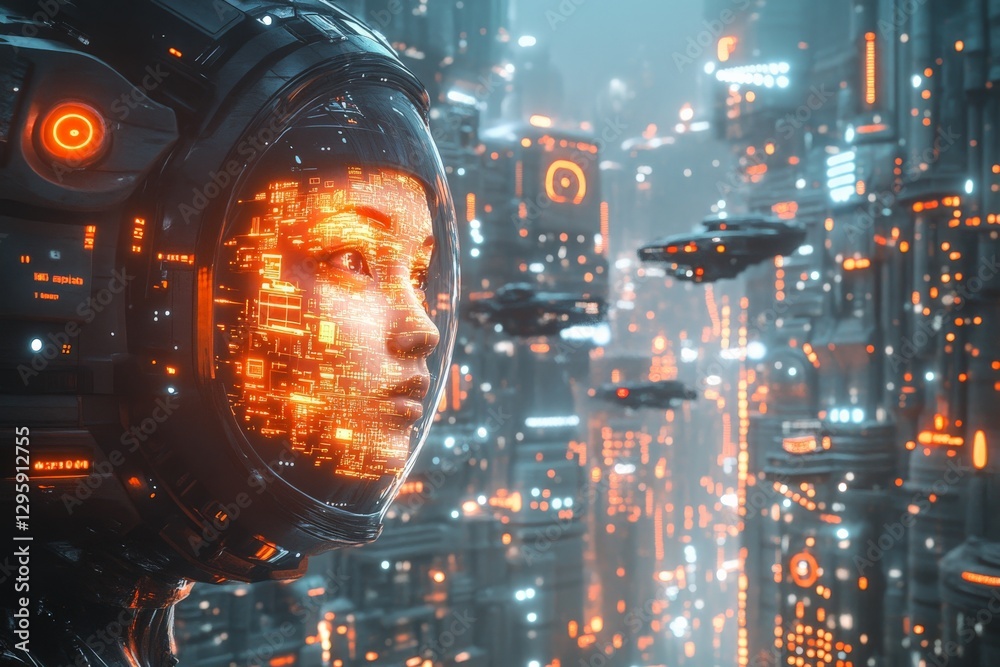Fototapeta premium Futuristic cityscape featuring a woman with a high-tech visor amidst glowing buildings and spacecraft at twilight