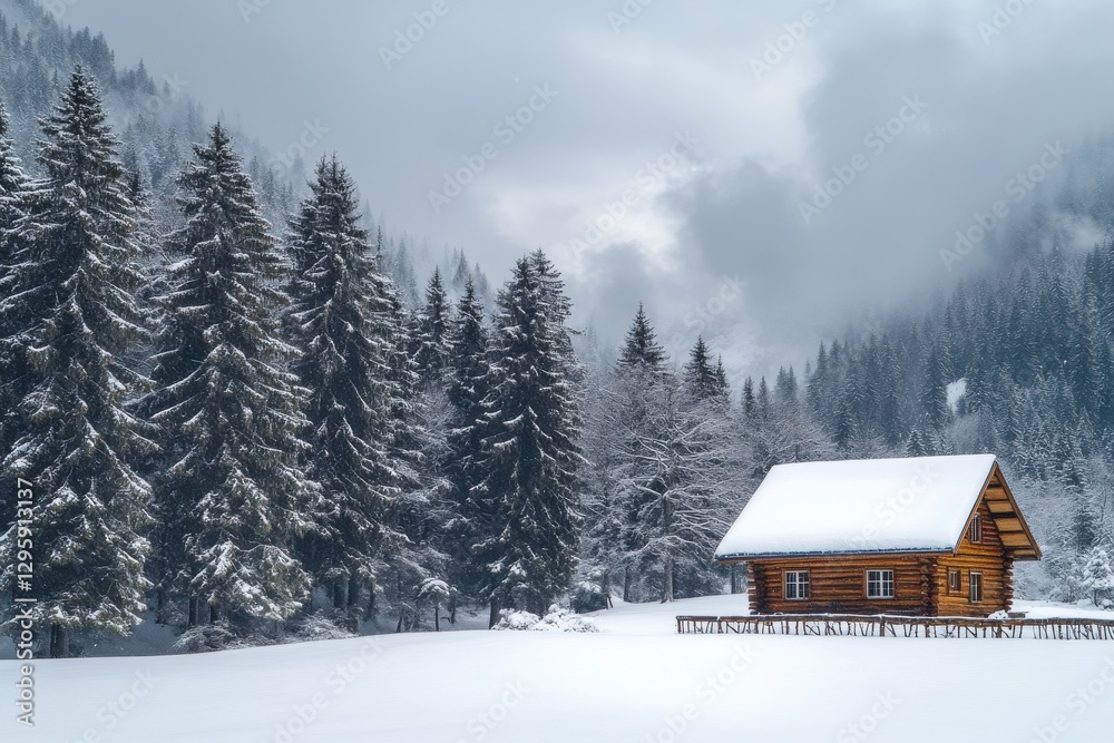 Winter landscape, log cabin, snow-covered ground, tall pine trees, cloudy sky, rustic scene Winter landscape, log cabin, snow-covered ground, tall pine trees, cloudy sky, rustic scene