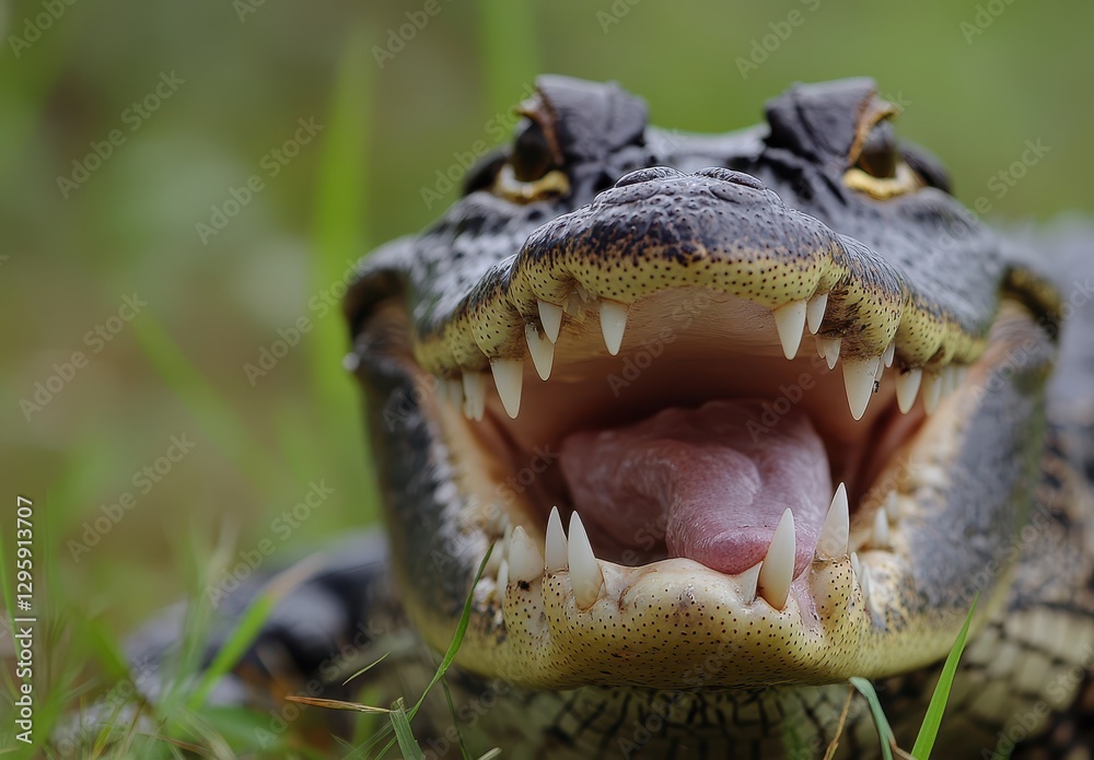 Obraz premium Close-Up of Alligator Snapping Turtle with Open Mouth Showcasing Sharp Teeth and Distinctive Features Crawling in Lush Green Grass Among Nature's Beauty