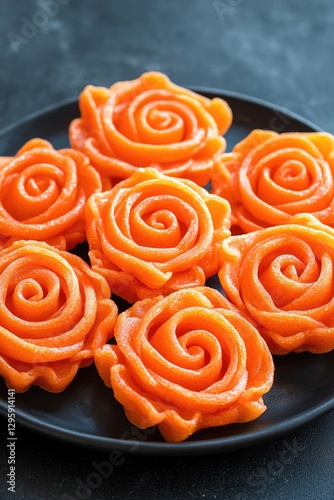 An assortment of sweet orange rose candies, arranged on a black plate for presentation. These bite-sized edible art pieces are flavored and make for a creative treat or gift idea.