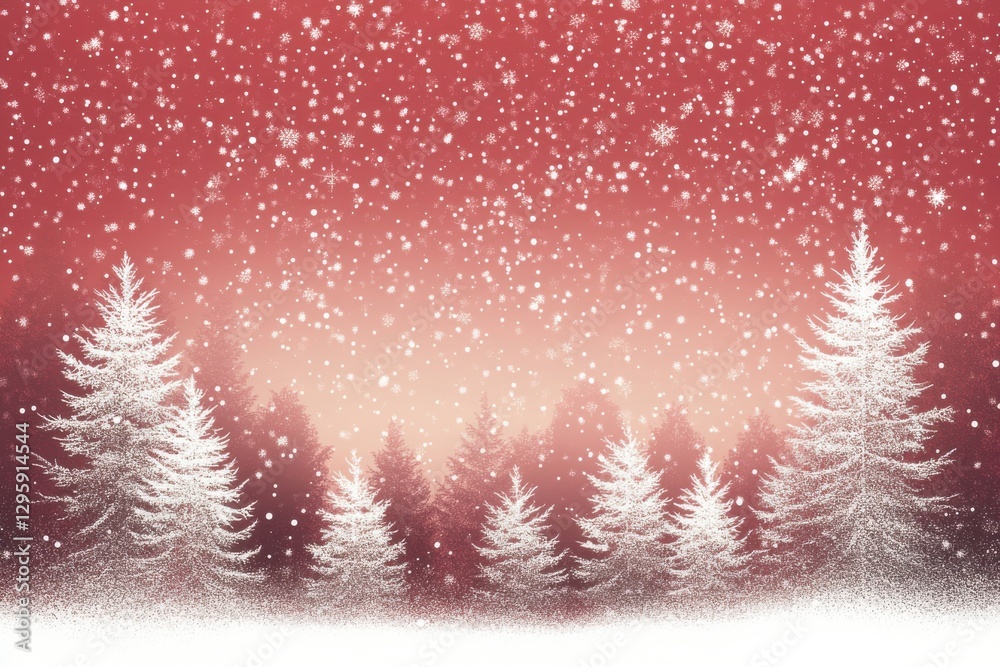 Winter landscape, snowy pine trees, deep red sky, falling snowflakes, white silhouettes