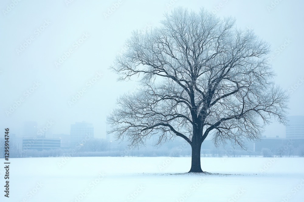 Winter landscape, solitary bare oak tree, snow-covered field, misty background, city skyline Winter landscape, solitary bare oak tree, snow-covered field, misty background, city skyline