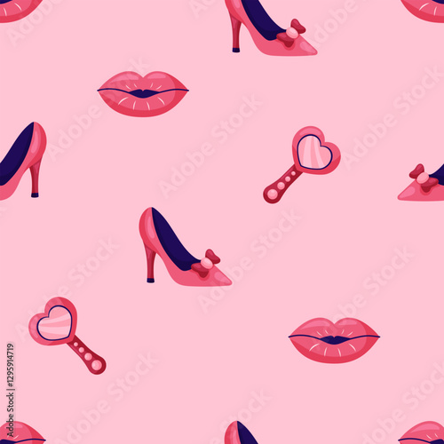 Seamless pattern with high heel shoes and red lips on pink background. March 8 Women's Day. Vector illustration.
