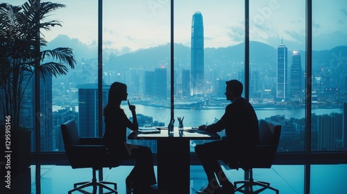 Business Meeting Silhouette in Urban Skyline Office