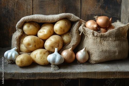 麻袋から溢れる新鮮なじゃがいもと玉ねぎ、素朴なキッチンの静物画 | Rustic Still Life of Fresh Potatoes and Onions in a Burlap Sack