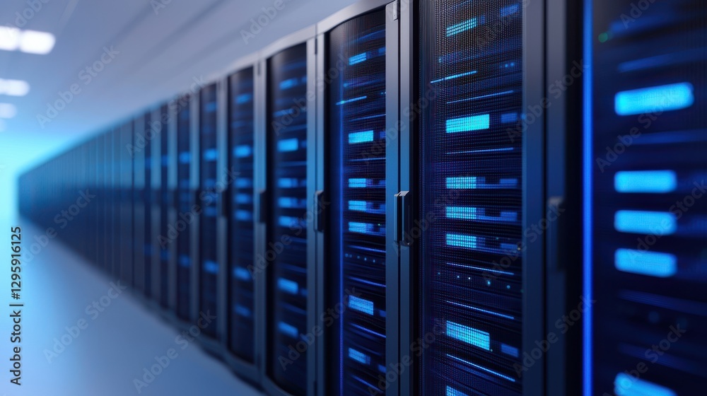 A sleek data center lined with towering servers, illuminated by cool blue lights, showcasing modern technology and infrastructure. A sleek data center lined with towering servers, illuminated by cool blue lights, showcasing modern technology and infrastructure.