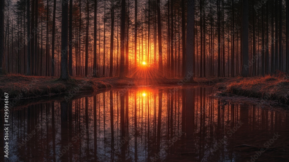 Obraz premium A picturesque sunset in a tranquil forest setting, with clear reflections on the water's surface.