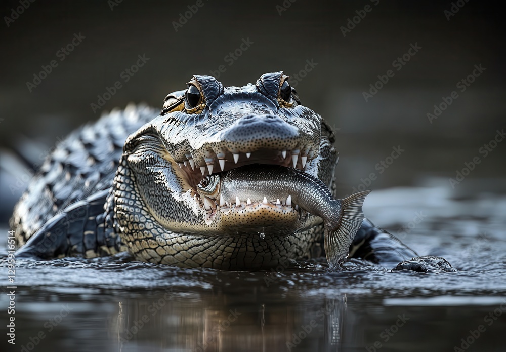 Fototapeta premium Close-Up of Alligator with Open Mouth Grabbing Fish in Still Water During Sunset in Wetland Environment